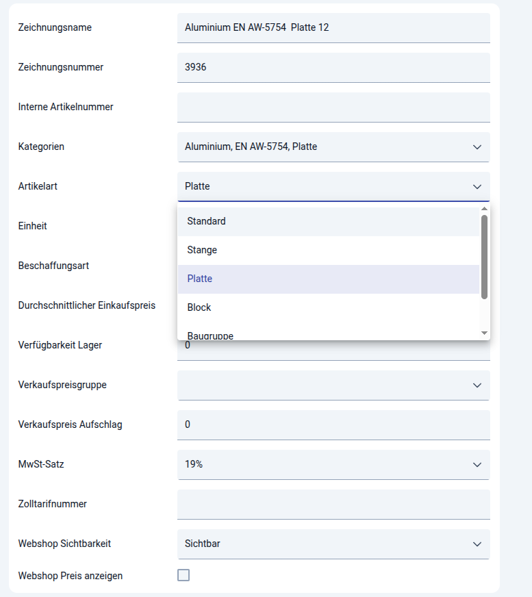 Article master data with type selection and web shop integration Article master data with type selection and web shop integration